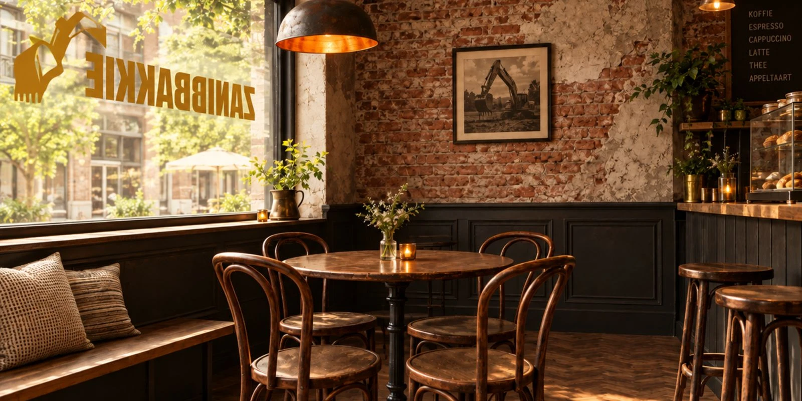 Het cafe van binnen, met zicht op de straat door de raamruit